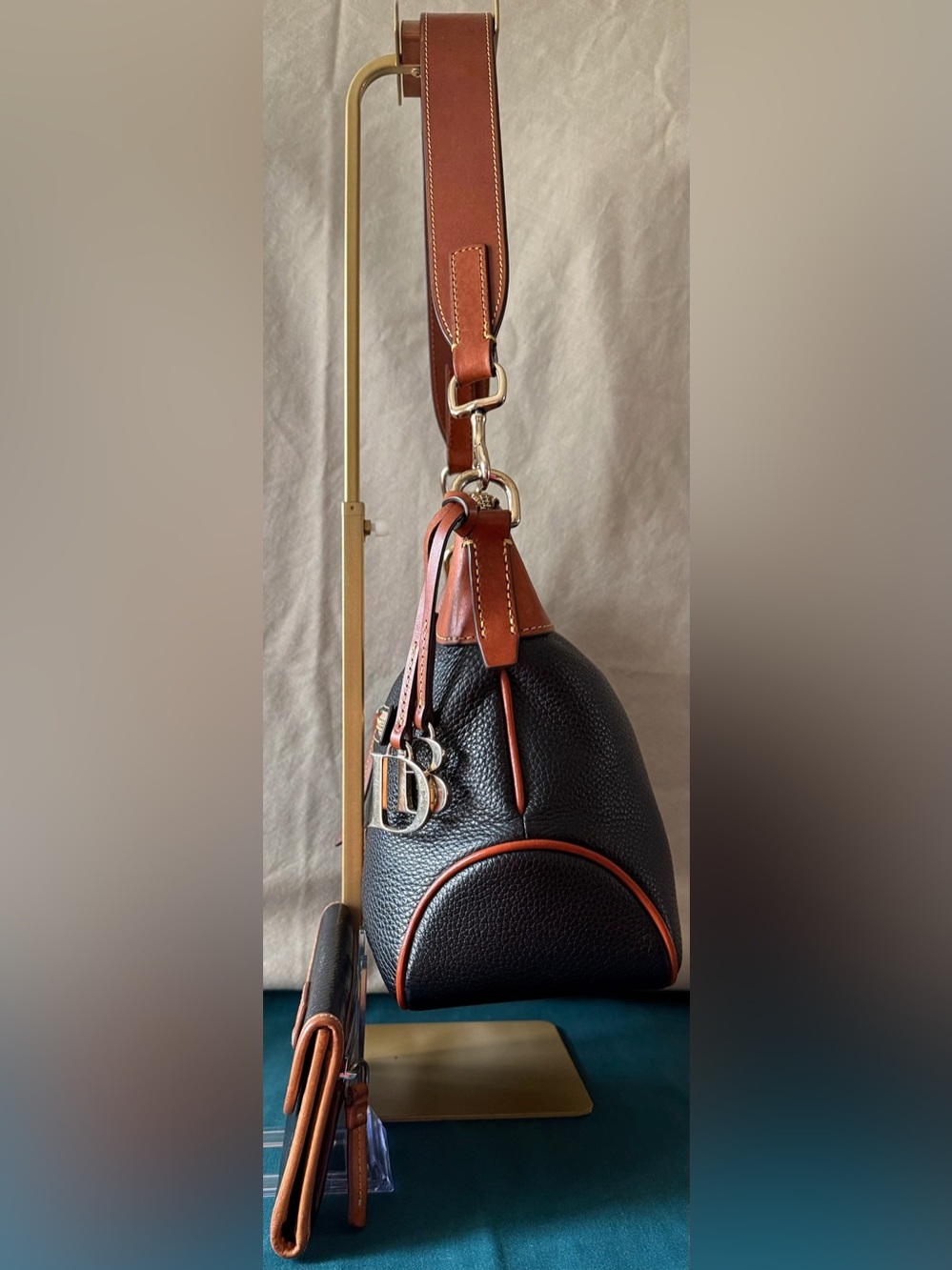 Dooney & Bourke Black with Brown Trim Pebbled Leather Shoulder Bag & Wallet - Picture 3 of 16
